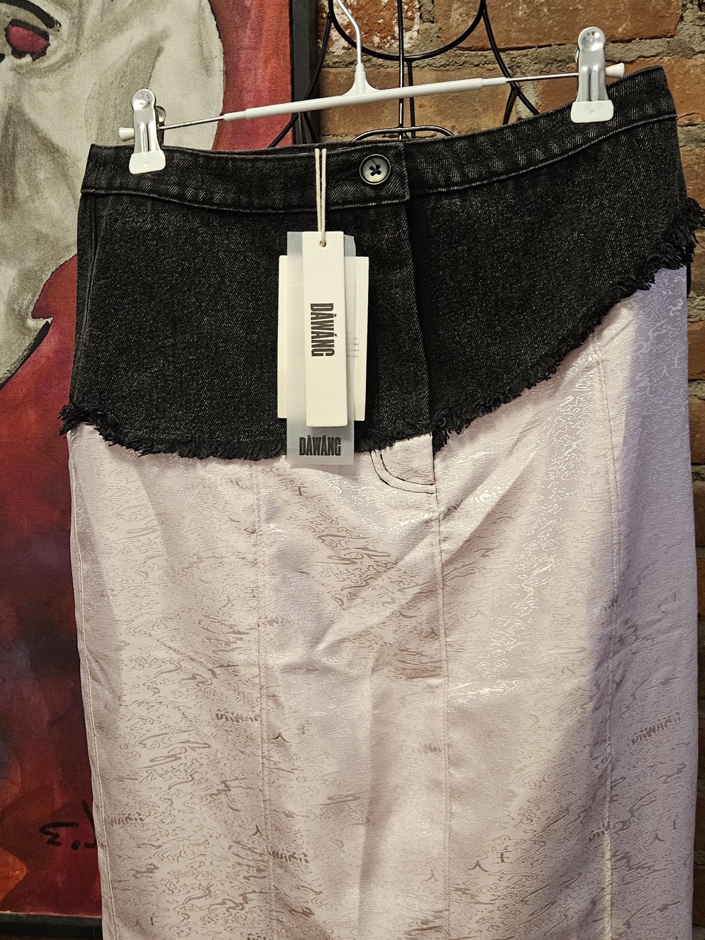 Designer 2-Tone Black Denim Waistband and Light Pink Brocade Maxi Fishtail Skirt